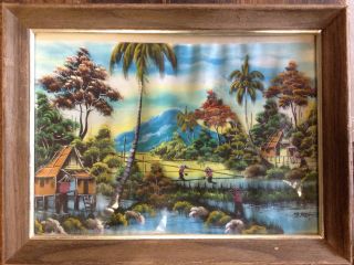 Brt Vintage South East Asian Tropical Village Painting Signed Wood Framed Glass