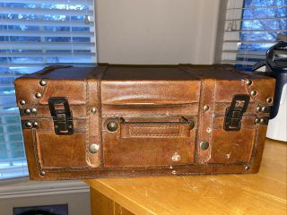 Antique?? Style Small Wooden Suitcase With Faux Leather Straps And Handle
