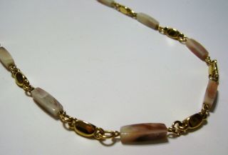 Vintage Agate,  Marbled Stone Rectangular Bead Necklace & Gold Tone Link 22 "