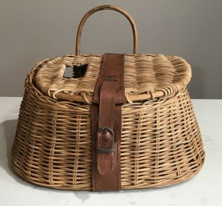 Vintage Fly Fishing Creel / Leather / Wicker Basket With Leather Strap Closure