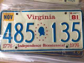Virginia Independence Bicentennial License Plate 1776 1976 / Scarce Issue