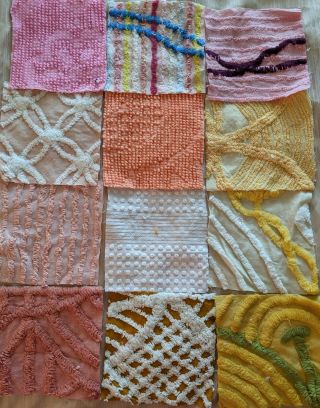 Vintage Chenille Bedspread Fabric,  Twelve 6 " Squares,  Warm Colors For Sewing