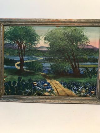 Vintage/antique Texas Landscape Bluebonnets Oil Painting,  Silver Frame,