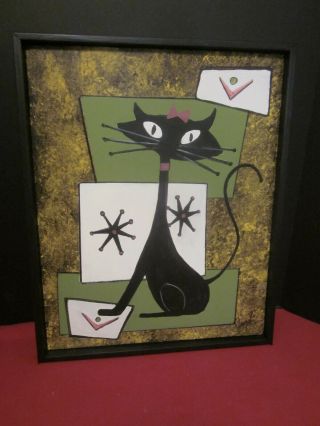 Mid Century Modern Acrylic Painting Of Cat In Black Frame 17 X 21