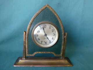 Antique Sessions Art Deco Style Brass And Green Leather Desk Clock