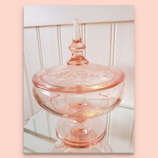 Vintage Etched Antique Pink Depression Glass Candy Dish Bowl W/ Lid Exquisite