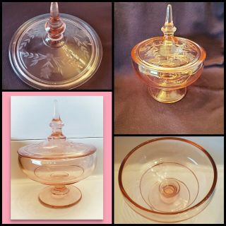 Vintage Etched Antique Pink Depression Glass Candy Dish Bowl w/ Lid Exquisite 2