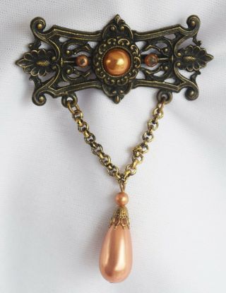 Vintage Victorian Revival W/ Dangling Teardrop Faux Pearl Brooch Pin