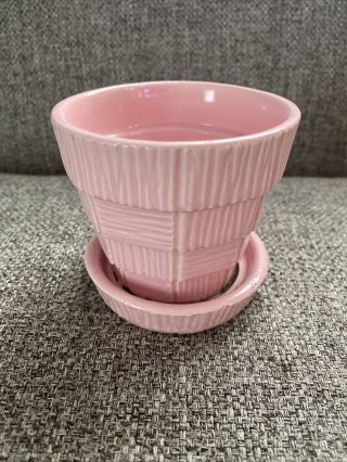 Vintage Mccoy Pottery Small Pink Basket Weave Planter With Saucer Vguc 3.  25 "