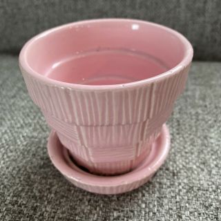 Vintage McCoy Pottery Small Pink Basket Weave Planter with Saucer VGUC 3.  25 