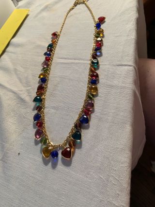 Vintage Joan Rivers Gold Tone Multi Color Faceted Crystals & Hearts Necklace 24 "