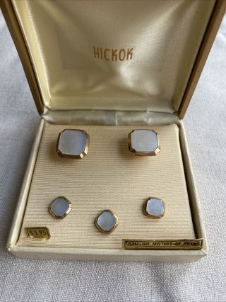 Vintage - Hickok - Cuff Links & Shirt Studs Set Mother Of Pearl Box