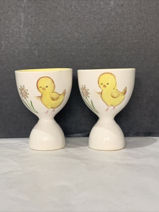 Two Handpainted Vintage Egg Cups Ceramic Yellow Chick With Flower Japan