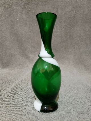 Vintage Hand Blown Art Glass Green And White Swirl Bud Vase 6 In.  Tall