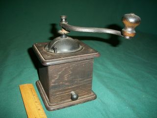 Antique Cast Iron And Dark Wood Table Top Coffee Mill / Grinder Primitive