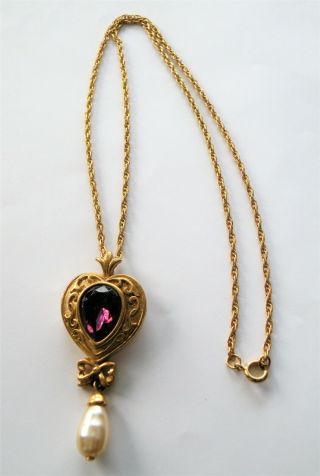 Vintage Victorian Revival Style Purple Glass Faux Pearl Heart Pendant Necklace