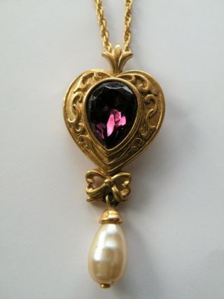 Vintage Victorian revival style purple glass faux pearl heart pendant necklace 2