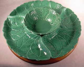 Vintage California Pottery 5 - Piece Set: Serving Bowl,  3 Trays,  Wood Lazy Susan
