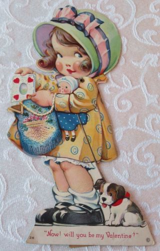 Vintage Valentine,  Girl Hugs Doll & Walks Puppy,  Stecher Lith.  Co. ,  Mechanical