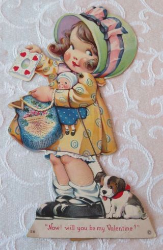 Vintage Valentine,  Girl Hugs Doll & Walks Puppy,  Stecher Lith.  Co. ,  Mechanical 2