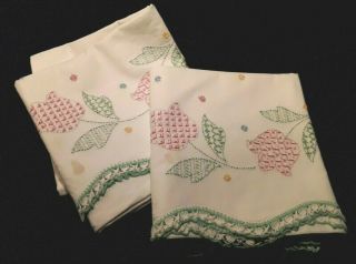 Vintage Hand Embroidered With Crochet Edging Pillow Cases.  Set Of 2