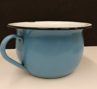 Vintage Yugoslavia Blue Enamelware Bowl Handle White Black Trim Chamber Pot