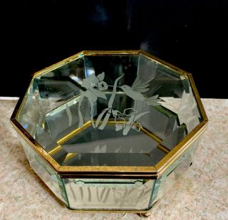 Vintage Etched Glass & Brass Trinket Jewelry Box Octagonal W Mirror Bottom