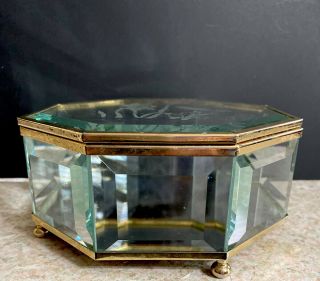 Vintage Etched Glass & Brass Trinket Jewelry Box Octagonal w Mirror Bottom 2
