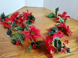 Vintage Christmas Garland Flowers Red Poinsettia Gold Floral Artificial Silk 5ft