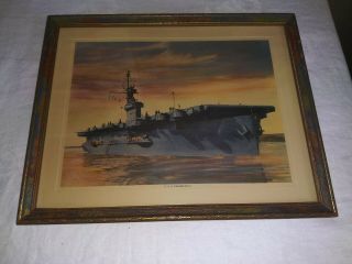 Antique Framed Picture Print Of U.  S.  S.  Casablanca Usn Aircraft Carrier Wwii