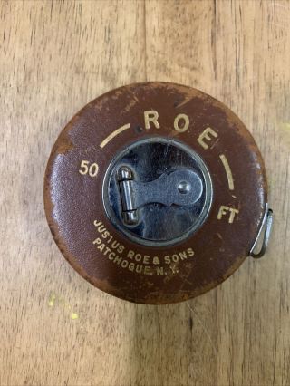 Vintage Justus Roe & Sons 50 Ft.  Steel Tape Measure Tool Made In U.  S.  A.