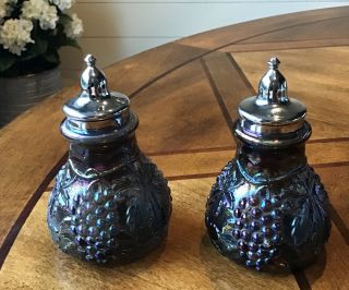 Antique Imperial Carnival Glass Grape And Cable Amethyst Salt & Pepper Shakers