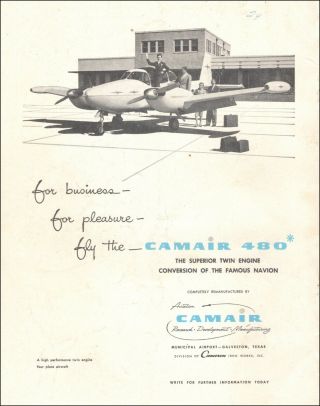 1955 Vintage Aircraft Ad Camair 480,  Twin Engine Navion Galveston Texas 110419