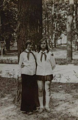 Vintage Photo Girls Hug Legs Mini Skirt Nylon Stockings