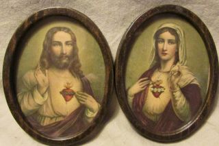 2 Vintage Framed 4 " Oval Prints: Jesus & Sacred Heart,  Mary & Immaculate Heart