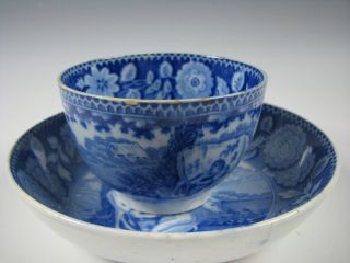 Antique Medium Dark Blue Staffordshire Cup & Saucer c.  1825 Milkmaid w/Cow 2