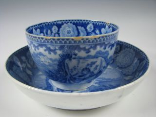 Antique Medium Dark Blue Staffordshire Cup & Saucer c.  1825 Milkmaid w/Cow 3
