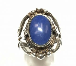 Vintage 925 Sterling Silver Blue Lapis Lazuli Ring Unique Open Design Size 7