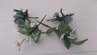 4 Vintage Blue & White French Glass Seed Beaded Daisies & Green Leaves Picks