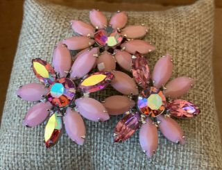 Vintage Signed Weiss Pink/aurora Borealis 3” Floral Pin/brooch.
