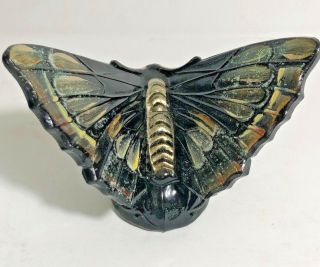 Stunning Vintage Fenton Black Glass Butterfly Metallic Hand Painted & Signed