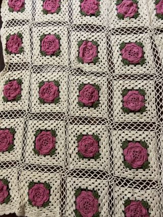 Handmade Afghan Blanket 78 X 90 Crocheted Red Rose Green And White.  3d