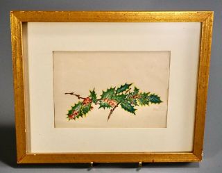 Christmas Holly Vintage Watercolor Painting Artist Signed Gold Frame
