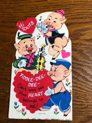Vintage Walt Disney Three Little Pigs Valentines Card Fiddle - Dee - Dee