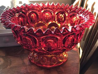 L.  E.  Smith 10” Bowl Glass Moon & Star Ruby Red Amberina Crimped Footed Vintage