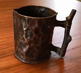 Antique Arts Crafts Hand Hammered Forged Copper Pitcher Twig Handle Primitive