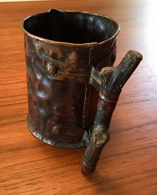 Antique Arts Crafts Hand Hammered Forged Copper Pitcher Twig Handle Primitive 2