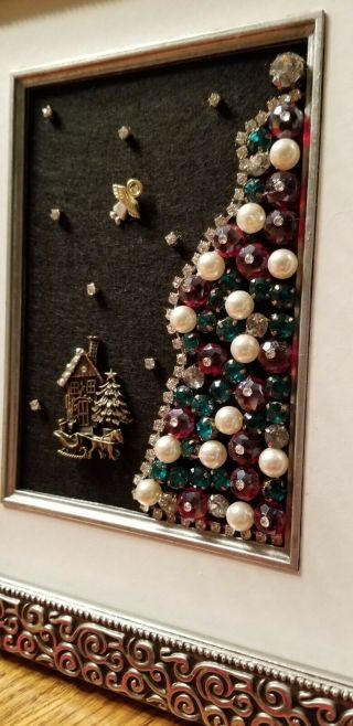 Handmade Vintage Costume Jewelry Jeweled Christmas Tree Angel Framed Art/OOAK 2
