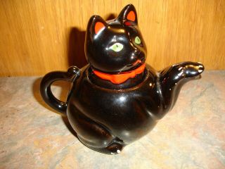 Vintage Black Cat Teapot Shafford Japan Red Bow Ware Tea Pot With Lid Green Eyes