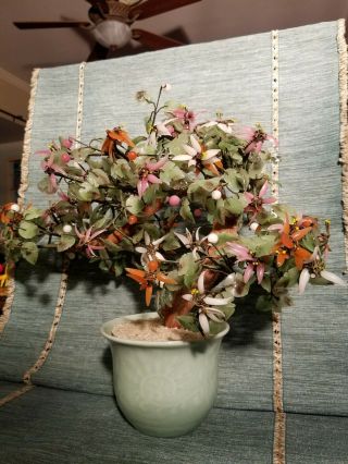 Vintage Asian Jade Agate Glass Leaves Flowers Bonsai Tree Celadon Vase 19 " X15 "